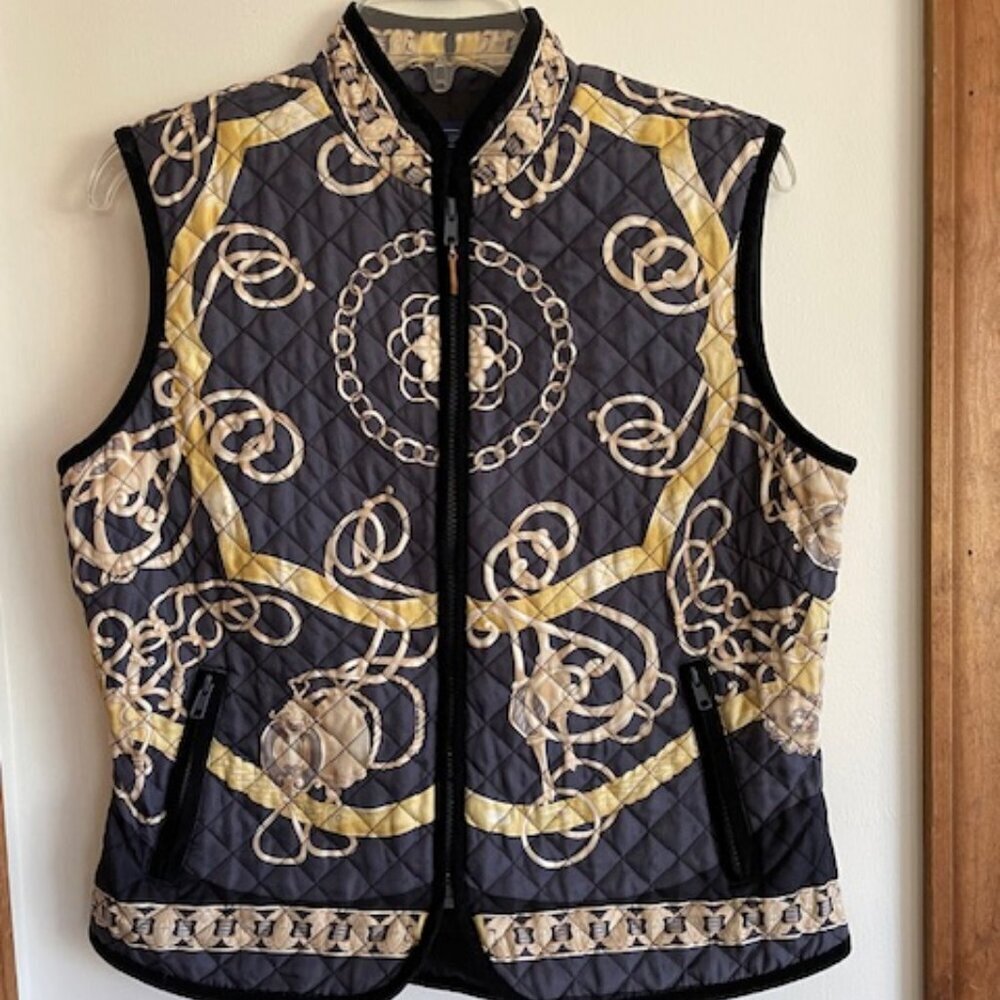 J. MCLAUGHLIN Equestrian Print Silk Quilted Vest Black Medium - Picture 3 of 15